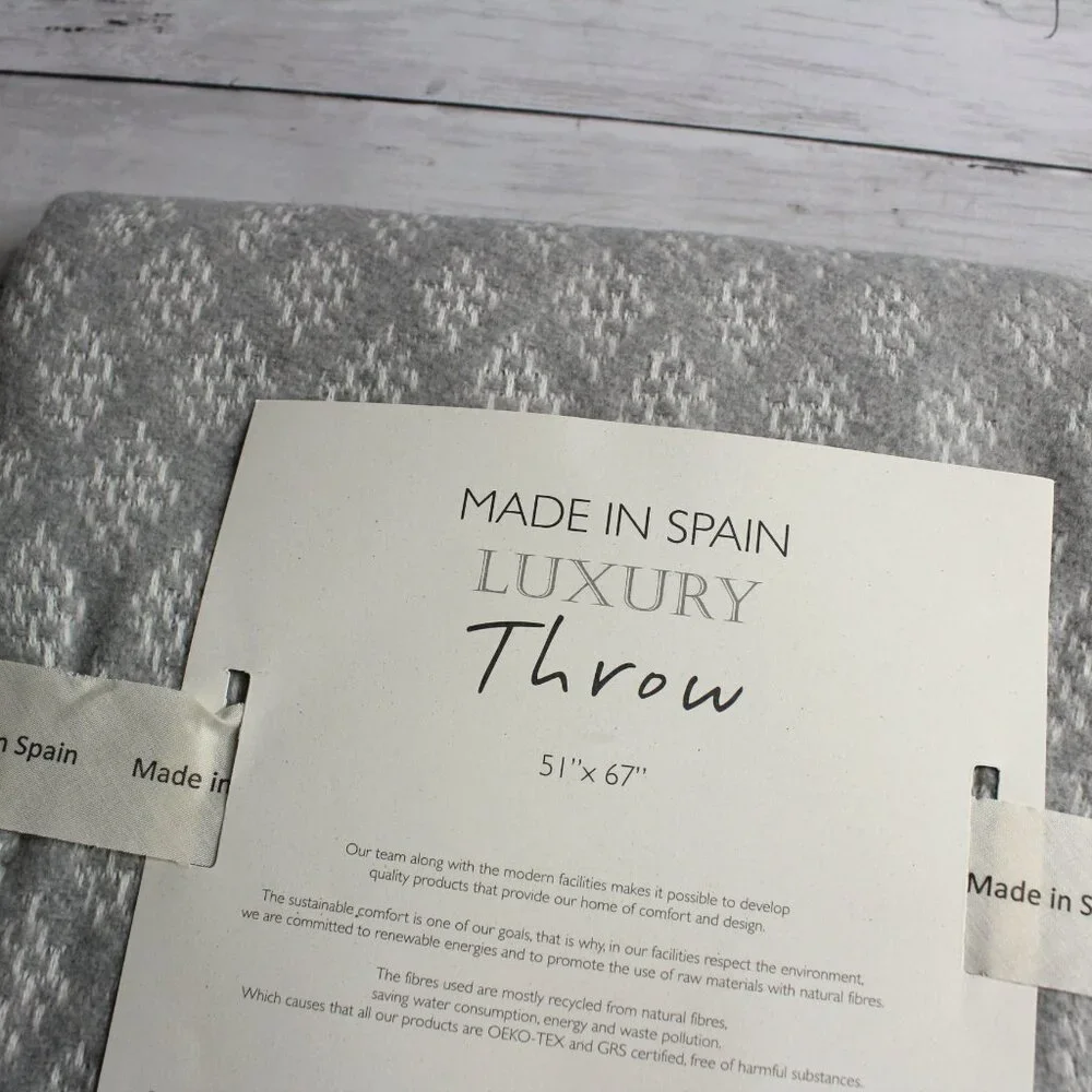 Made in Spain Throw Blanket Gray Cream with Fringe Cotton Blend